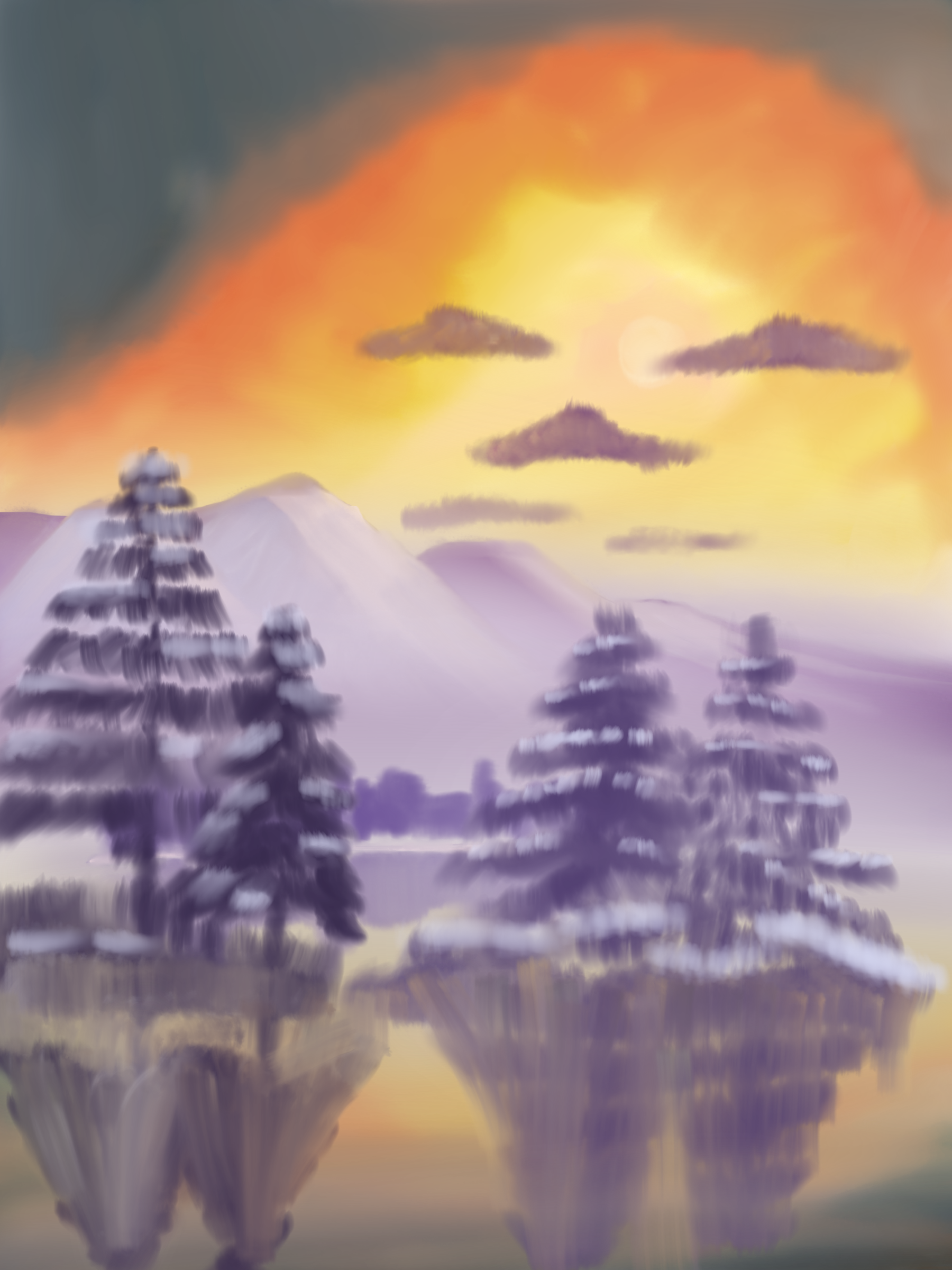 A digital painting of a winter scene with pine trees, a lake in the forefront and mountains in the background, with the sun halfway up the sky.